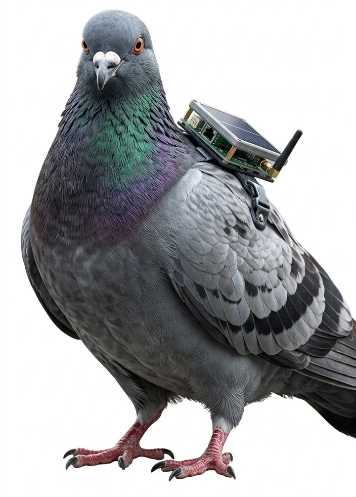 A city pigeon wearing a small solar LoRa backpack node with a short antenna