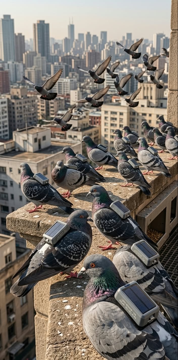 Tagged pigeons on a rooftop ledge with the city behind them, more birds landing